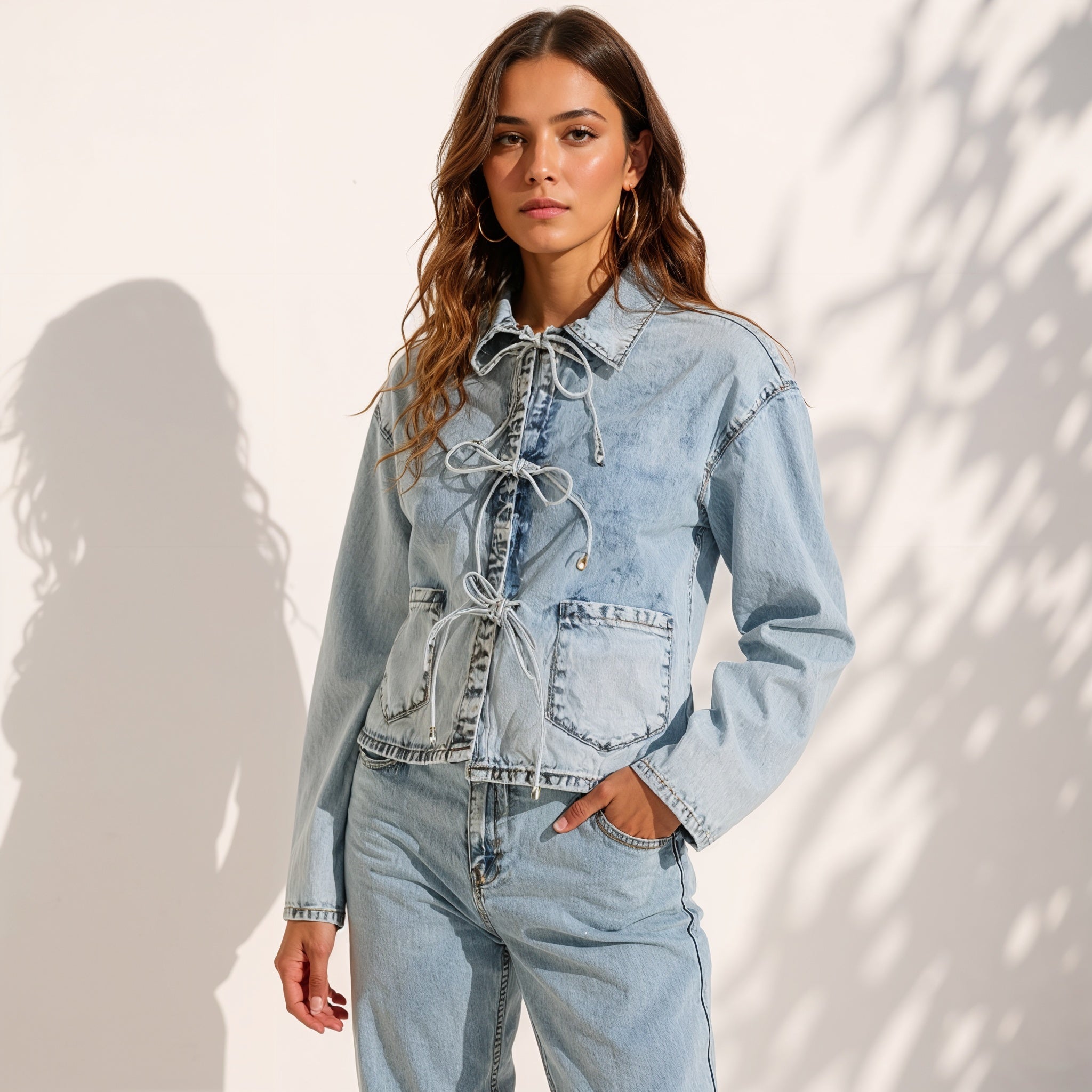 ELENA SOFIA LACE-TIE DENIM VEST